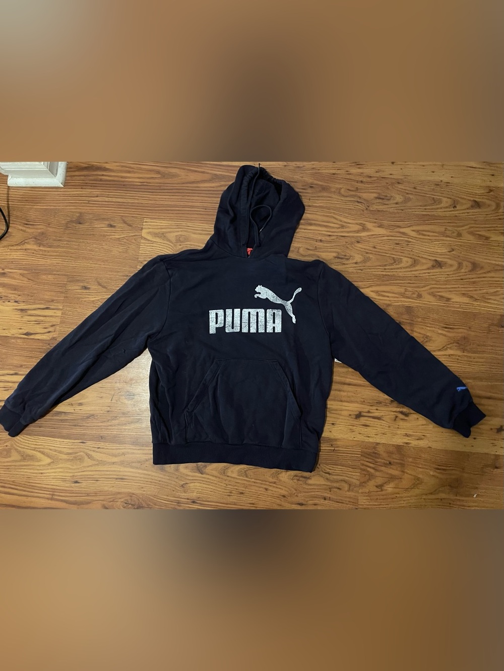 Puma Men's Dark Navy Pullover Hoodie with White Logo Medium